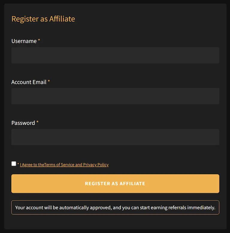 solid affiliate registration page design